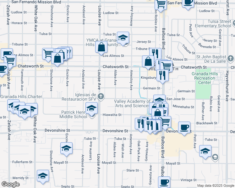 map of restaurants, bars, coffee shops, grocery stores, and more near 10514 Aldea Avenue in Los Angeles