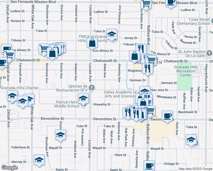 map of restaurants, bars, coffee shops, grocery stores, and more near 10514 Aldea Avenue in Los Angeles