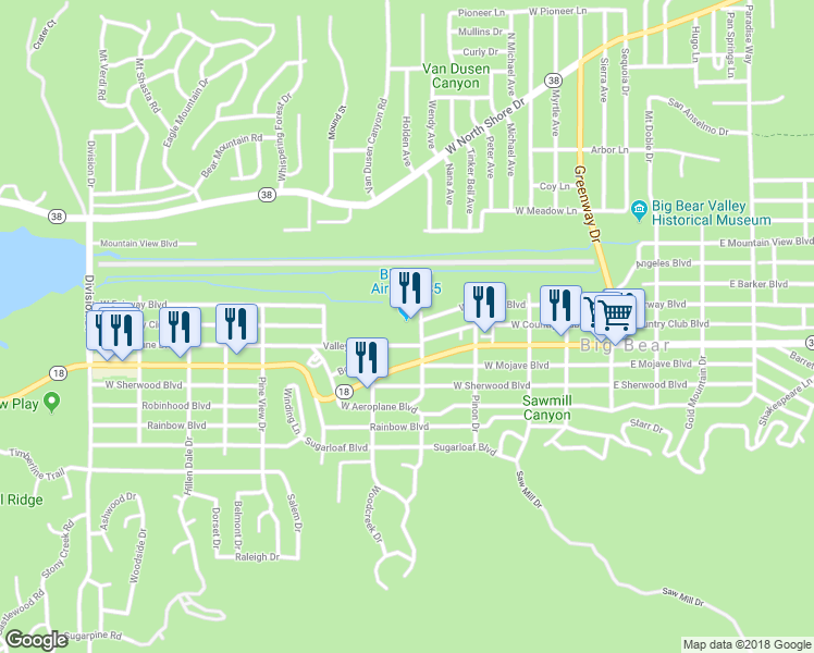 map of restaurants, bars, coffee shops, grocery stores, and more near 501 Valley Boulevard in Big Bear