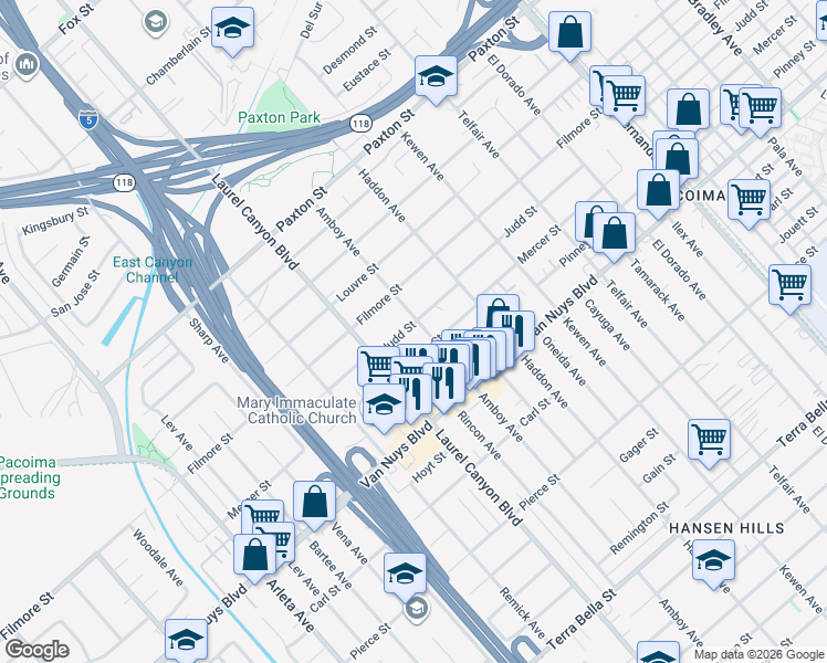 map of restaurants, bars, coffee shops, grocery stores, and more near 13768 Judd Street in Los Angeles