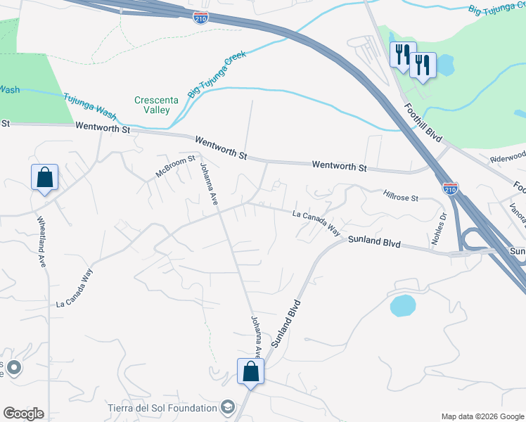 map of restaurants, bars, coffee shops, grocery stores, and more near 9740 La Canada Way in Los Angeles