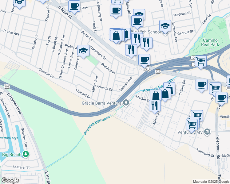 map of restaurants, bars, coffee shops, grocery stores, and more near 3326 Armada Drive in Ventura