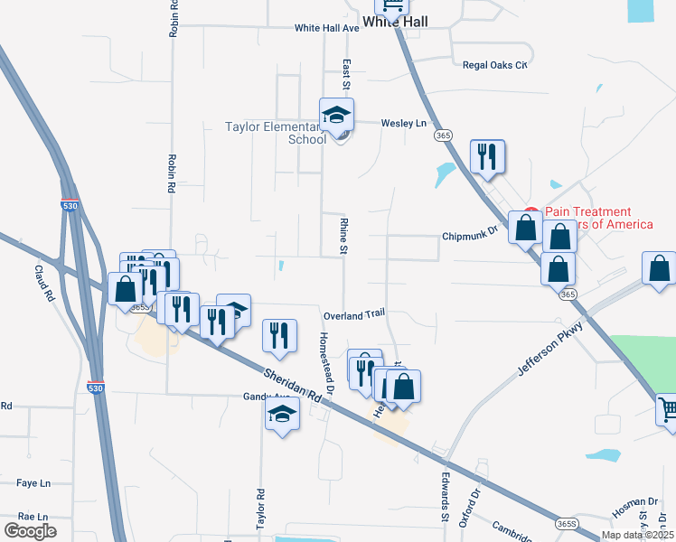 map of restaurants, bars, coffee shops, grocery stores, and more near 1208 Frontier Lane in White Hall