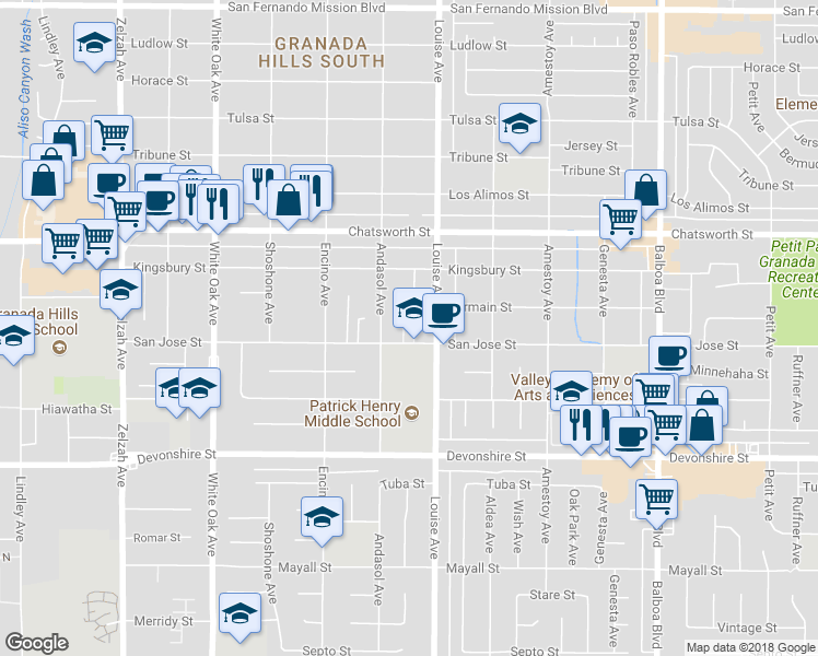 map of restaurants, bars, coffee shops, grocery stores, and more near 17329 San Jose Street in Los Angeles
