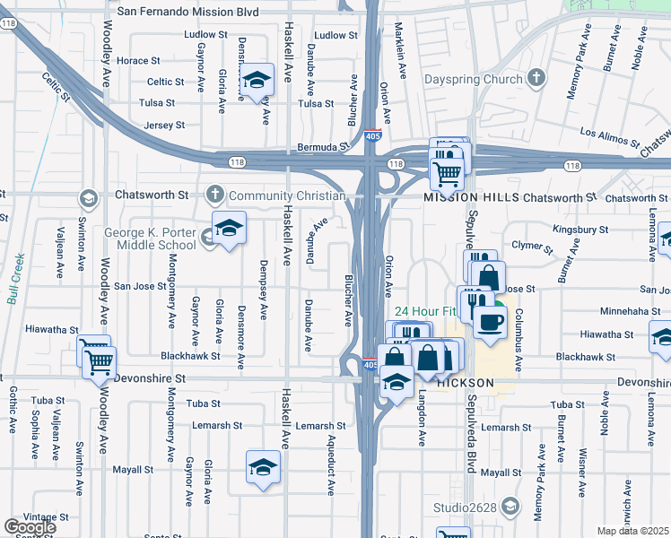 map of restaurants, bars, coffee shops, grocery stores, and more near 10526 Aqueduct Avenue in Los Angeles