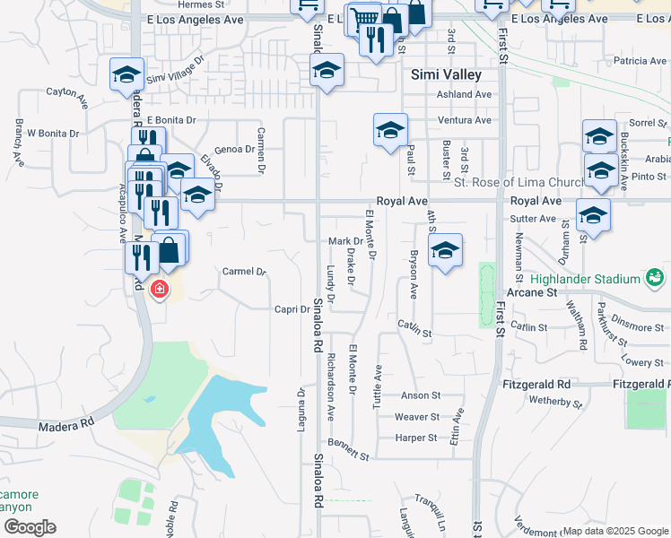 map of restaurants, bars, coffee shops, grocery stores, and more near 1234 Lundy Drive in Simi Valley