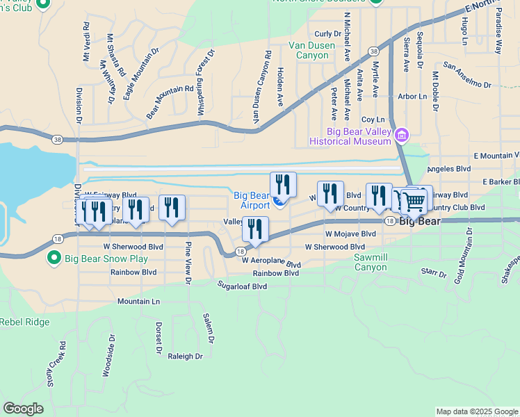 map of restaurants, bars, coffee shops, grocery stores, and more near 408 West Country Club Boulevard in Big Bear
