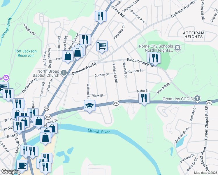 map of restaurants, bars, coffee shops, grocery stores, and more near 104 Chambers Street Northeast in Rome