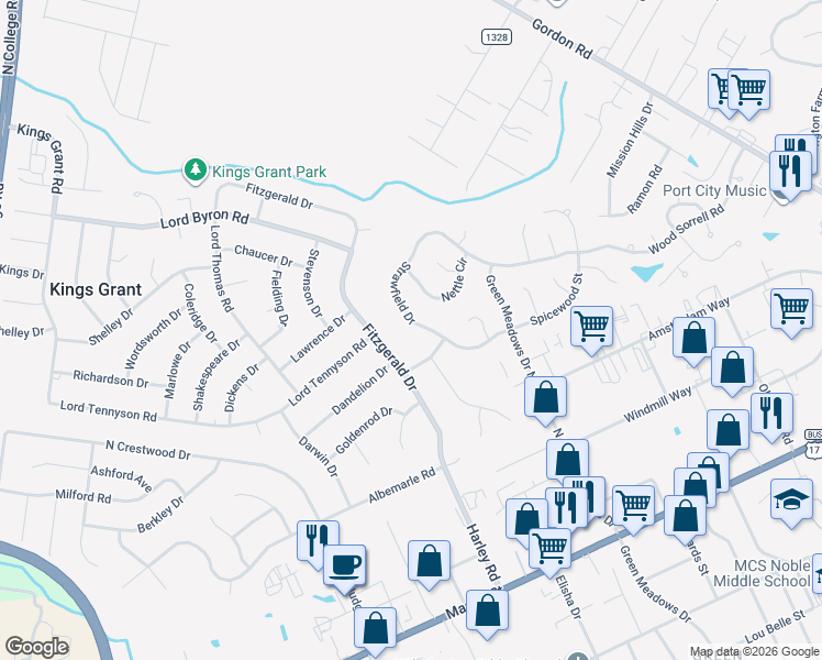 map of restaurants, bars, coffee shops, grocery stores, and more near 6309 Strawfield Drive in Wilmington