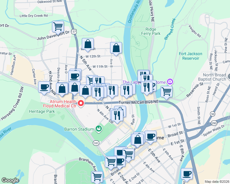 map of restaurants, bars, coffee shops, grocery stores, and more near 802 Avenue B in Rome