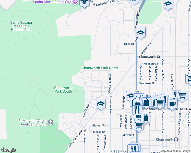 map of restaurants, bars, coffee shops, grocery stores, and more near 22216 James Alan Circle in Los Angeles