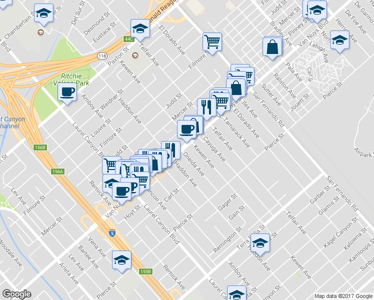 map of restaurants, bars, coffee shops, grocery stores, and more near 13520 Van Nuys Boulevard in Los Angeles