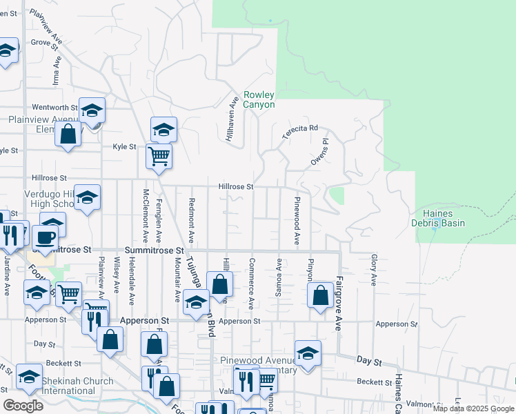 map of restaurants, bars, coffee shops, grocery stores, and more near 10622 Commerce Avenue in Los Angeles