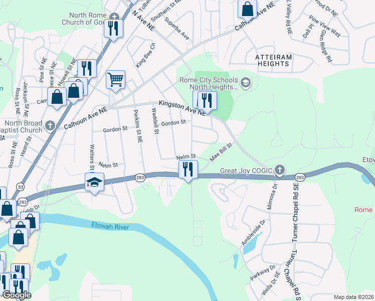 map of restaurants, bars, coffee shops, grocery stores, and more near 1907 Nelm Street in Rome