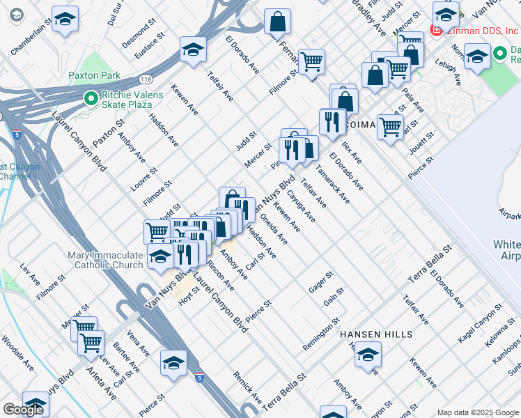 map of restaurants, bars, coffee shops, grocery stores, and more near 10525 Oneida Avenue in Los Angeles