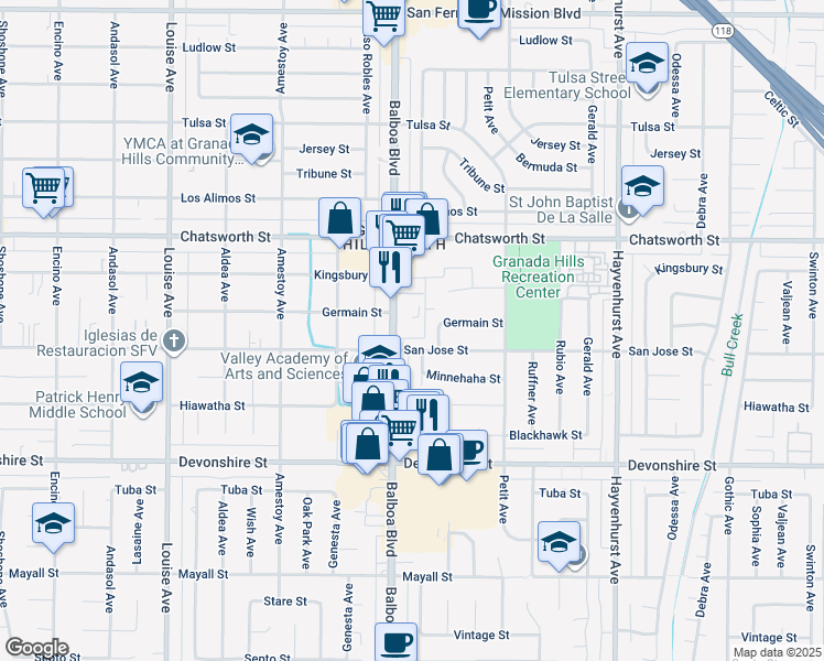 map of restaurants, bars, coffee shops, grocery stores, and more near 16945 San Jose Street in Los Angeles