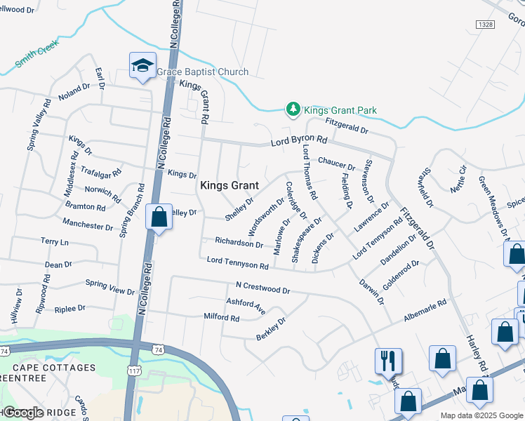 map of restaurants, bars, coffee shops, grocery stores, and more near 921 Wordsworth Drive in Wilmington