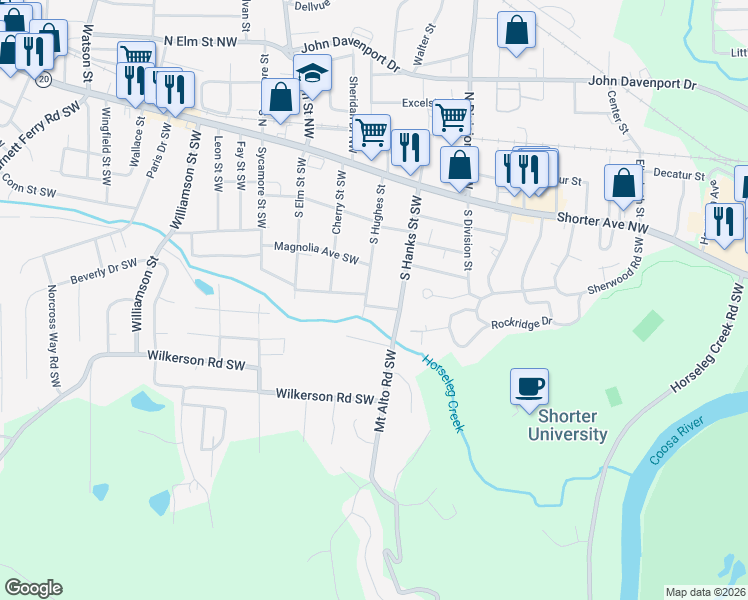 map of restaurants, bars, coffee shops, grocery stores, and more near 712 Oakland Avenue Southwest in Rome