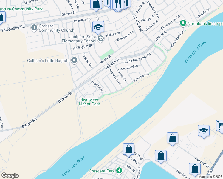 map of restaurants, bars, coffee shops, grocery stores, and more near 1848 Savannah Avenue in Ventura