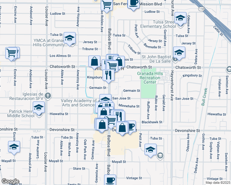map of restaurants, bars, coffee shops, grocery stores, and more near 10520 Balboa Boulevard in Los Angeles