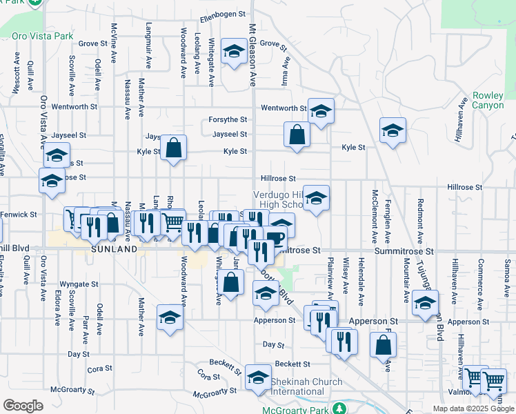 map of restaurants, bars, coffee shops, grocery stores, and more near 10612 Mount Gleason Avenue in Los Angeles