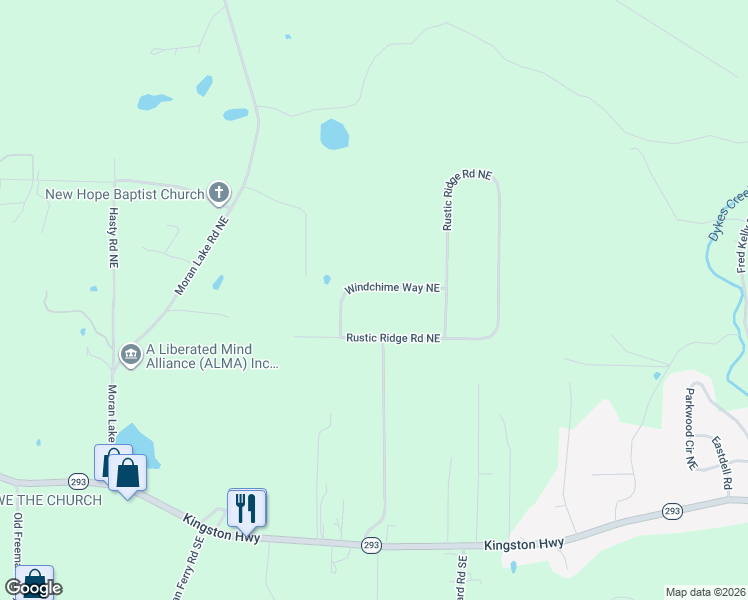 map of restaurants, bars, coffee shops, grocery stores, and more near 114 Windchime Way Northeast in Rome