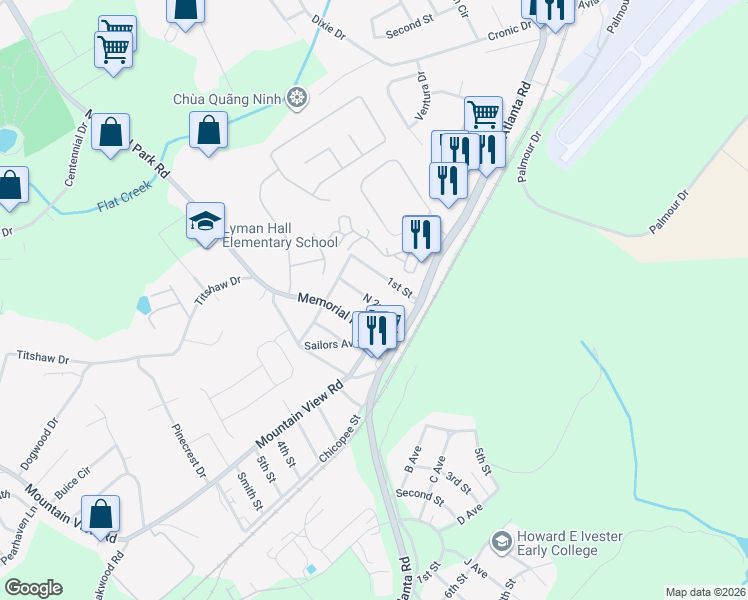 map of restaurants, bars, coffee shops, grocery stores, and more near 2237 Memorial Park Drive in Gainesville