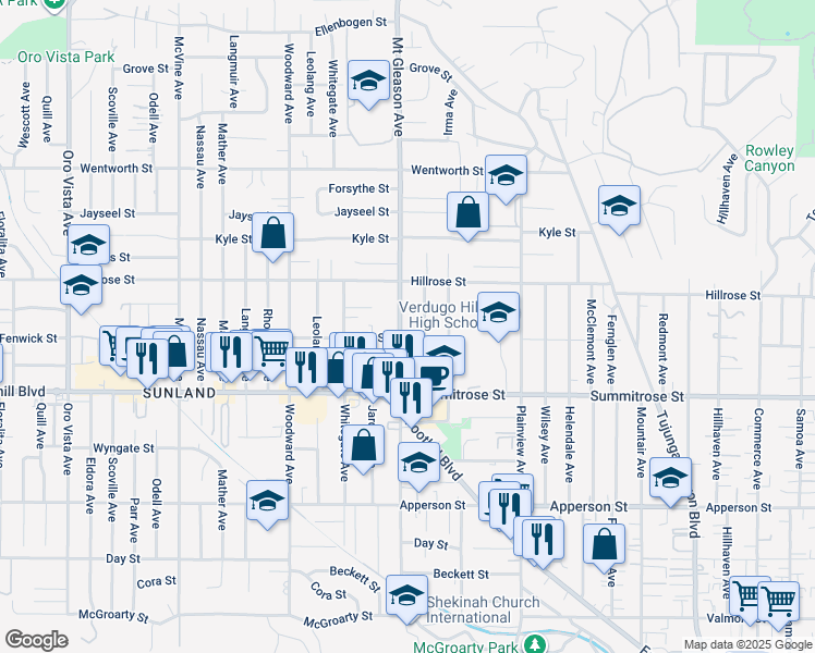 map of restaurants, bars, coffee shops, grocery stores, and more near 10612 Mount Gleason Avenue in Los Angeles