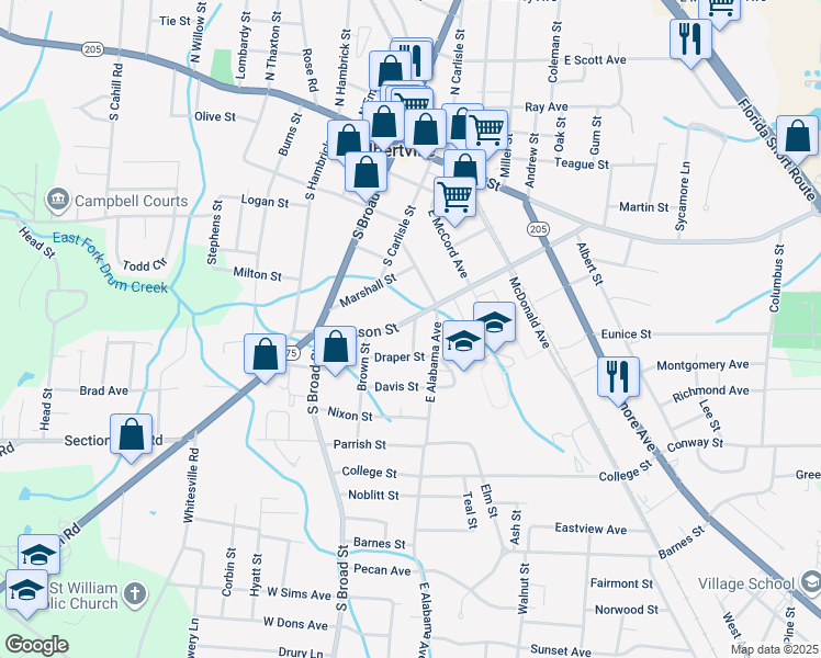 map of restaurants, bars, coffee shops, grocery stores, and more near 406 Dora Street in Albertville