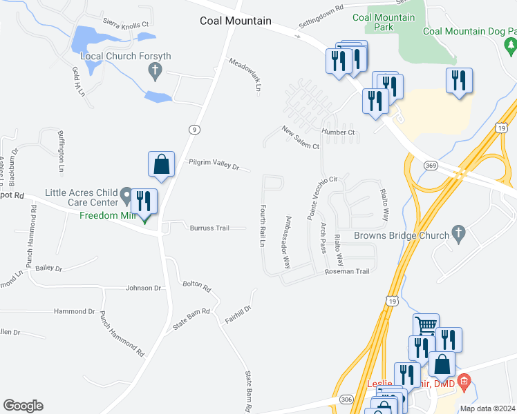 map of restaurants, bars, coffee shops, grocery stores, and more near 4645 Fourth Rail Lane in Cumming