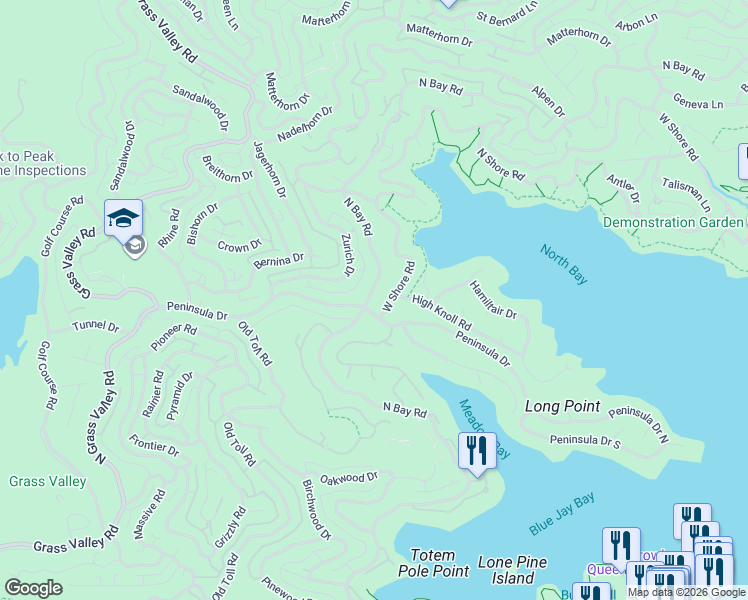 map of restaurants, bars, coffee shops, grocery stores, and more near 27504 West Shore Road in Lake Arrowhead