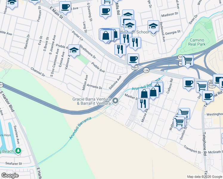 map of restaurants, bars, coffee shops, grocery stores, and more near 788 Sidonia Avenue in Ventura