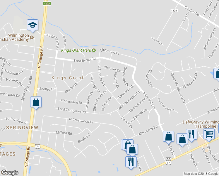 map of restaurants, bars, coffee shops, grocery stores, and more near 1010 Lord Thomas Road in Wilmington