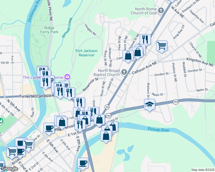 map of restaurants, bars, coffee shops, grocery stores, and more near 13 Heard Street in Rome