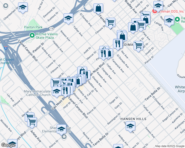 map of restaurants, bars, coffee shops, grocery stores, and more near 13520 Van Nuys Boulevard in Los Angeles