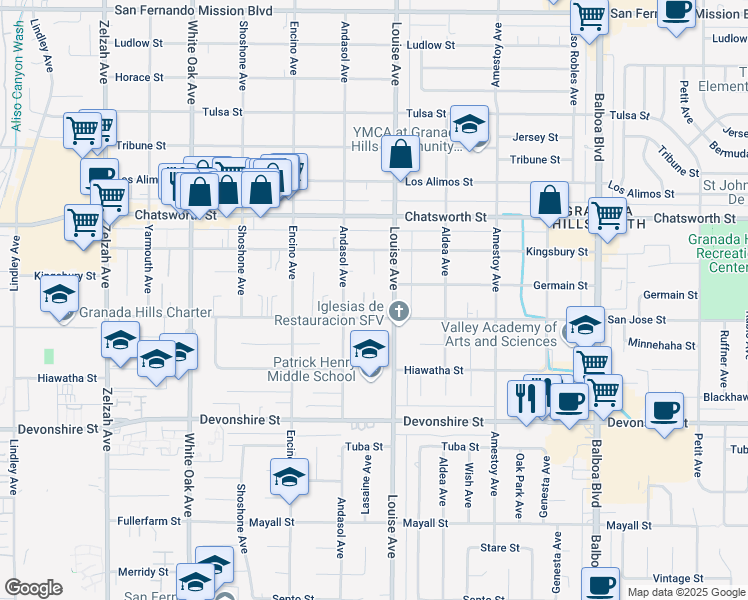 map of restaurants, bars, coffee shops, grocery stores, and more near 17329 San Jose Street in Los Angeles
