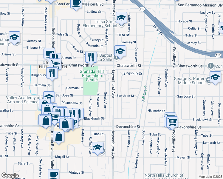 map of restaurants, bars, coffee shops, grocery stores, and more near 10523 Hayvenhurst Avenue in Los Angeles