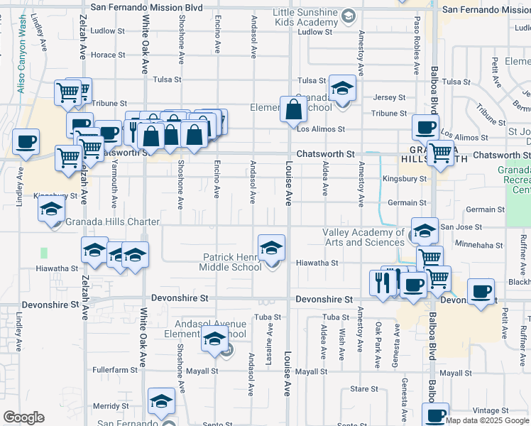 map of restaurants, bars, coffee shops, grocery stores, and more near 17333 San Jose Street in Los Angeles
