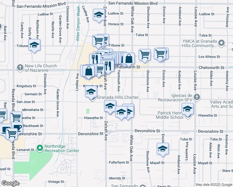 map of restaurants, bars, coffee shops, grocery stores, and more near 10519 Yarmouth Avenue in Los Angeles