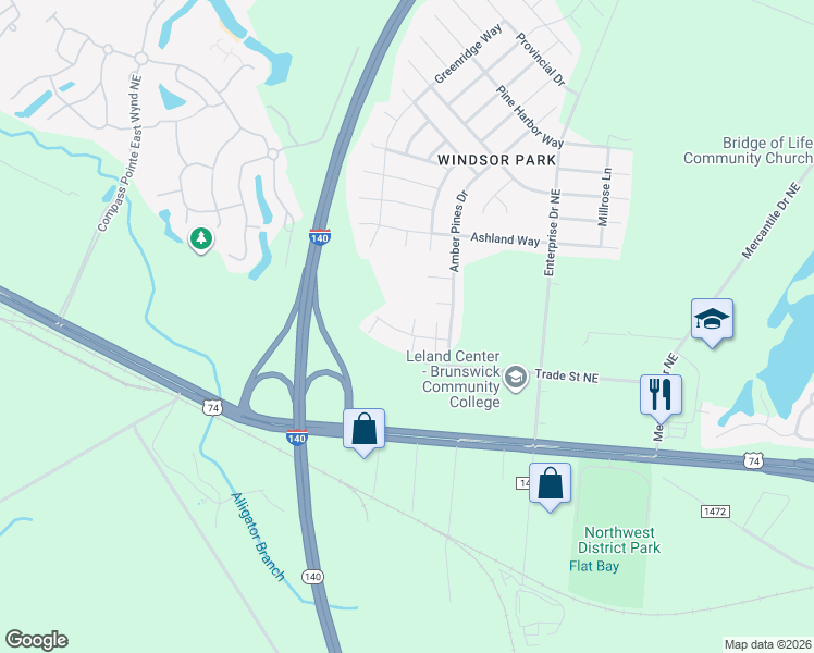 map of restaurants, bars, coffee shops, grocery stores, and more near 1014 Bridgeport Way in Leland