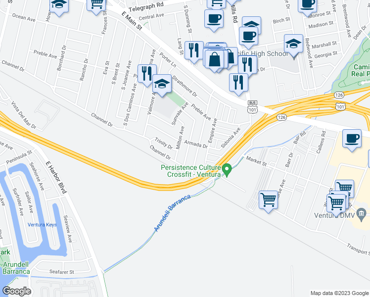 map of restaurants, bars, coffee shops, grocery stores, and more near 817 Arbor Avenue in Ventura