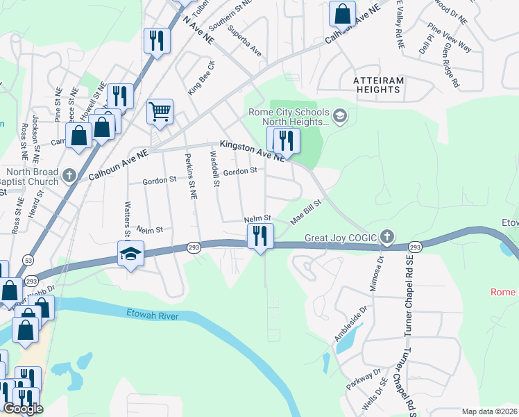 map of restaurants, bars, coffee shops, grocery stores, and more near 1907 Nelm Street in Rome