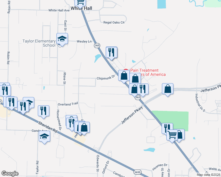 map of restaurants, bars, coffee shops, grocery stores, and more near 119 Timber Lane in White Hall