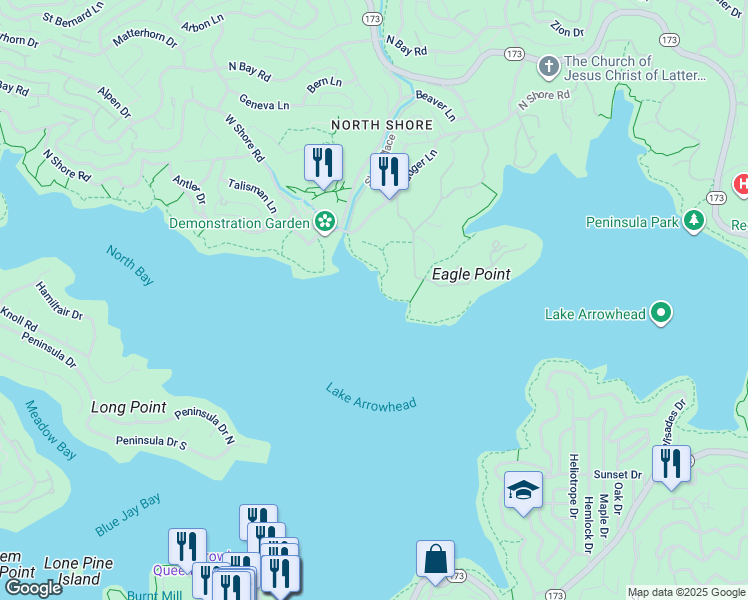map of restaurants, bars, coffee shops, grocery stores, and more near North Shore Road in Lake Arrowhead