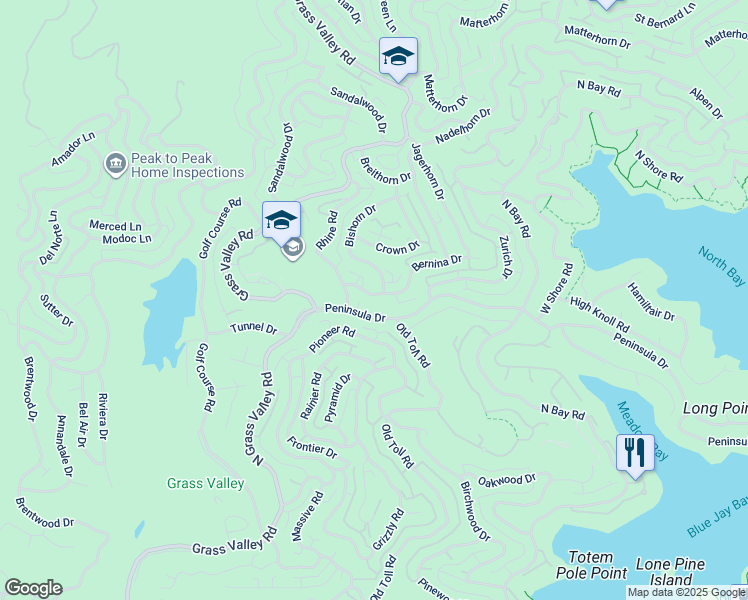map of restaurants, bars, coffee shops, grocery stores, and more near 27207 Bernina Drive in Lake Arrowhead