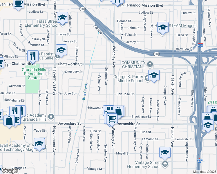 map of restaurants, bars, coffee shops, grocery stores, and more near 10526 Swinton Avenue in Los Angeles
