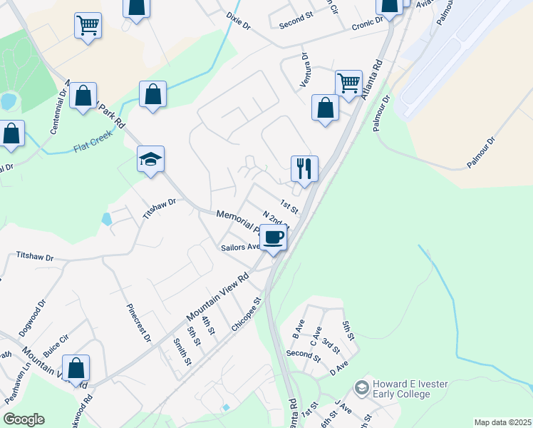 map of restaurants, bars, coffee shops, grocery stores, and more near North 2nd Street in Gainesville