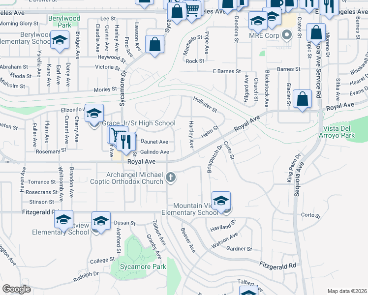 map of restaurants, bars, coffee shops, grocery stores, and more near 1276 Roberta Court in Simi Valley