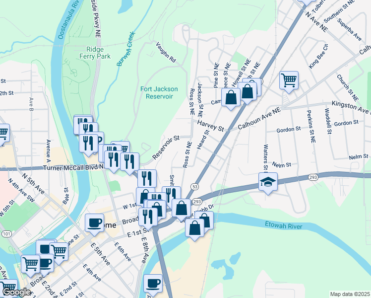 map of restaurants, bars, coffee shops, grocery stores, and more near 115 Ross Street Northeast in Rome