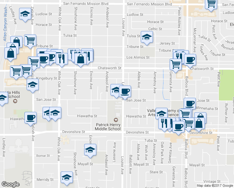 map of restaurants, bars, coffee shops, grocery stores, and more near 17329 San Jose Street in Los Angeles